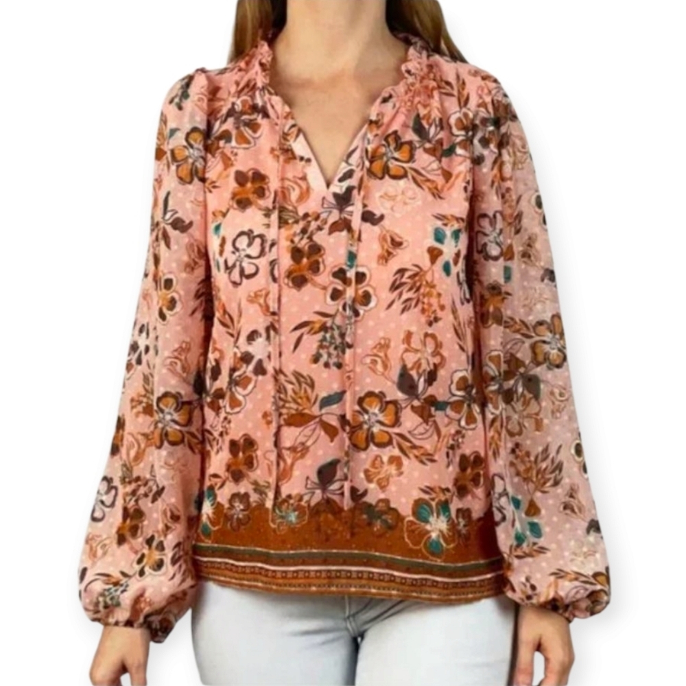 NWOT Joie pink orange tan brown floral blouse top Womens Medium